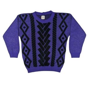 Vintage purple/metallic sweater W black geometric. Centennial Knits Ltd. Lg